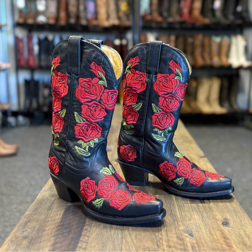 CORRAL RED ROSES WESTERN BOOTS BLACK VINTAGE FESTIVAL COWGIRL COWBOY BOOT SZ 6.5